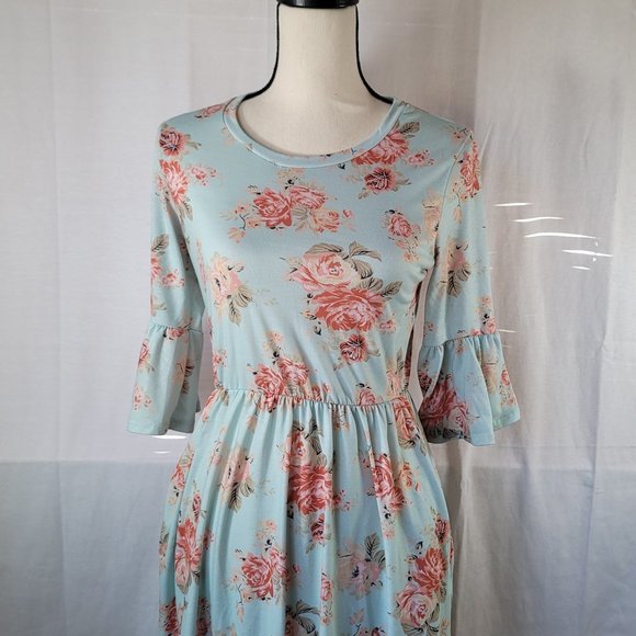 Promesa Light Blue Pink Floral Roses Midi Dress Bell Ruffle Sleeves Pockets - Picture 6 of 7